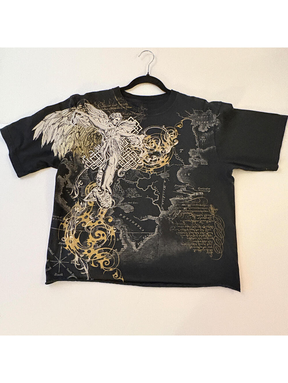 Humblic Black Gothic Angel Graphic T-Shirt with Gold Accents